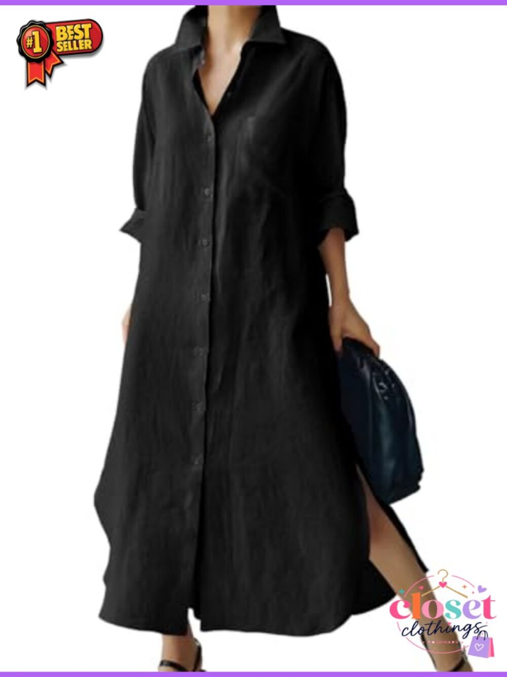 Button Down Cotton Shirt Dress Side Slit Maxi Shift Dress